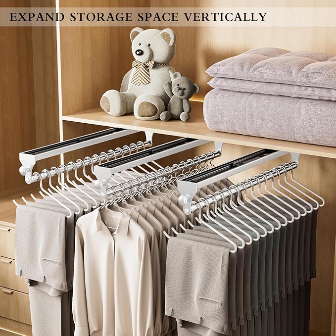 Pull Out Closet Rod, 15.7inch Heavy Duty Pants Rack, Adjustable Clothes Hanger Rail, Space Aluminum Valet Rod, Top Mounted Wardrobe Clothes Organizer, Closet Storage for Trousers Coats White