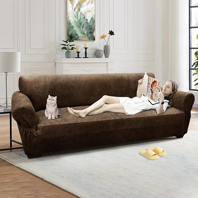 Oversized Sofa Slipcover Leather Look Couch Cover for 4 Seater Sofa 1-Piece Sofa Cover Stretch Furniture Protector with Elastic Bottom & Pockets(XL Sofa, Brown)