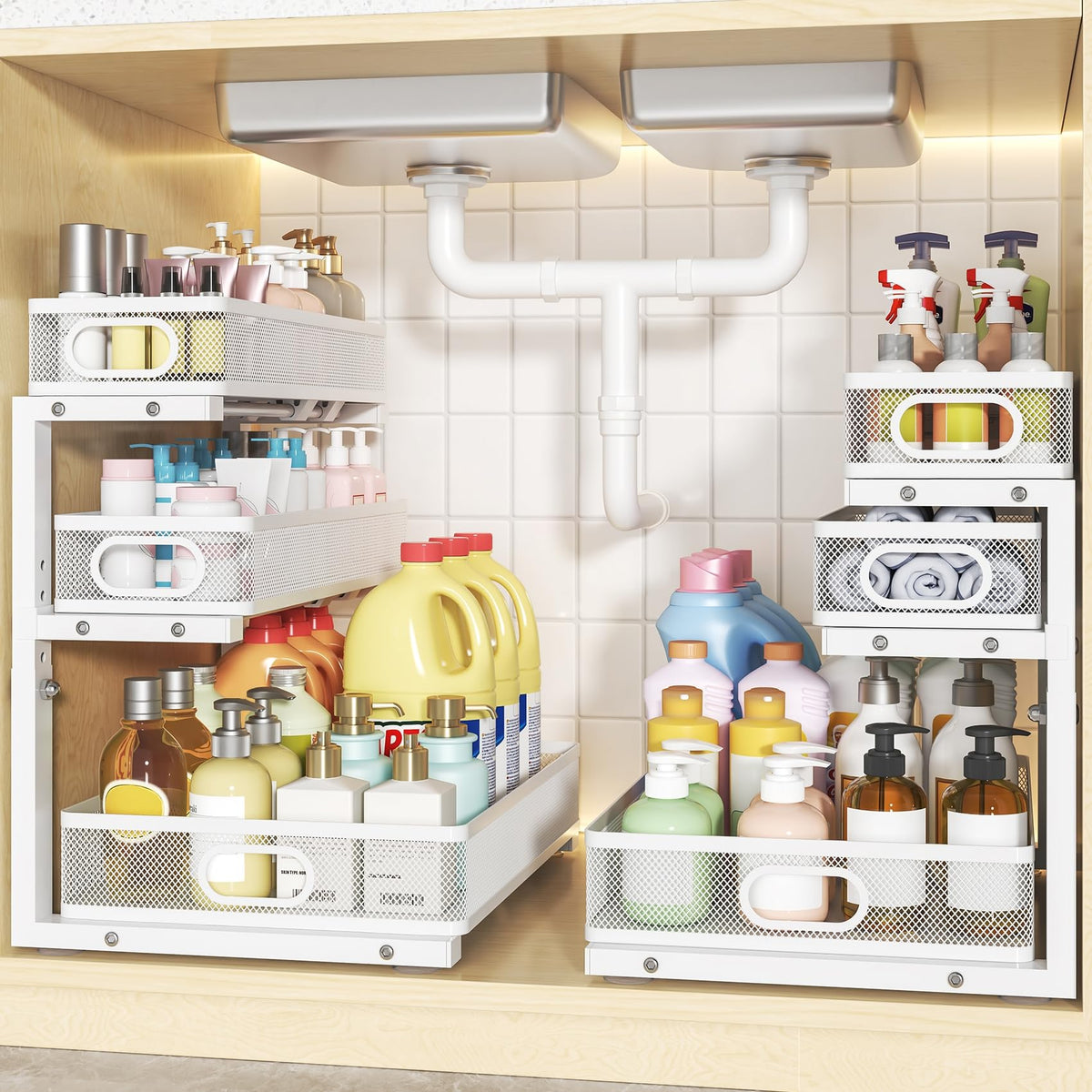 3-Tier Under Sink Organizer, Slide Out Drawer Rack, White, 2 Pack - Image 1