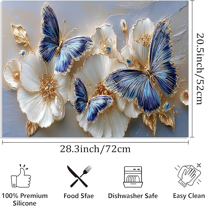 Stove Top Covers for Electric Stove, Grease-Resistant Stove Cover, Dust-Blocking Surface Shield, Reusable Countertop Mat, 28.3 x 20.5 Inches, Blue Butterfly Floral Decor(Butterfly)