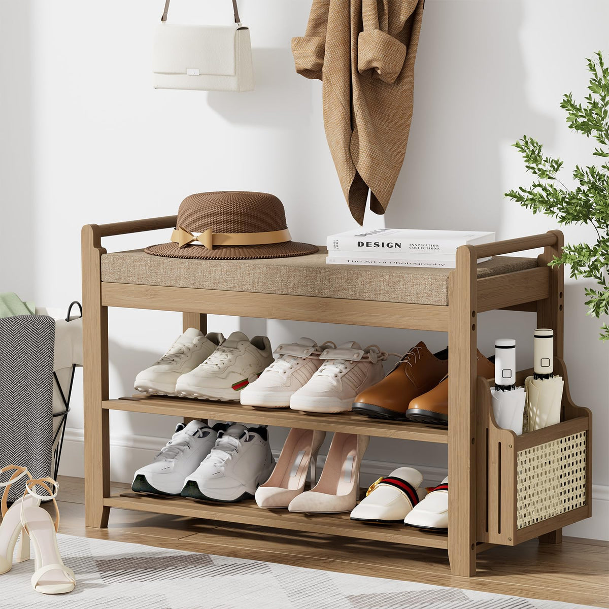 Homaxy 2-Tier Shoe Rack Bench, 28.2 in, Walnut and Light Brown - Image 1