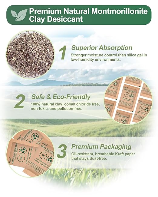 6 Gram (20 Pack) Kraft Clay Desiccants Packs, Premium Food Grade Desiccant - Moisture Absorbers for Food Storage, Electronics, 3D Filament & Safes