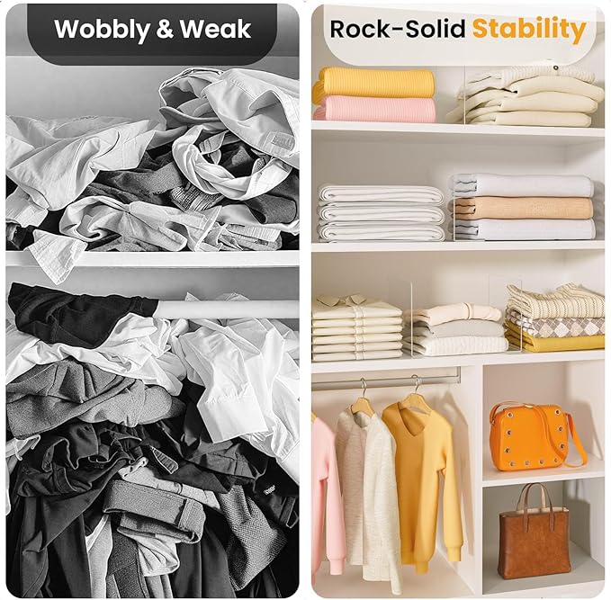 Purse Organizer for Closet Shelf Dividers - 10" Tall X 12" Deep Clear Acrylic Shelf Dividers for Closet Organization - Free-Standing Adhesive Design for Wood & Wire Shelves Bedroom Kitchen 4 Pack