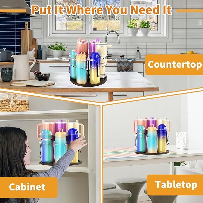 Water Bottle Organizer for Stanley 20/30/40oz, Acrylic Rotating Tumbler Organizer Holder Lazy Susan, Vintage Water Bottle Storage for Kitchen Cabinets, Convenient Stanley Cup Accessories