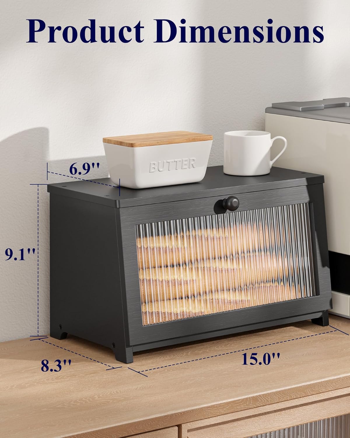 Bread Box — Wooden Bamboo Bread Box for Kitchen Countertop, Large Capacity Organizer with Magnetic Acrylic Window, Black 15.0"×8.3"×9.1"