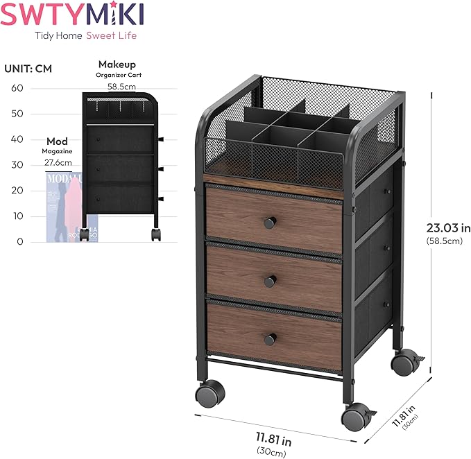 SWTYMIKI Rolling Makeup Organizer Cart - Floor Skincare Make Up Storage with 3 Non-woven Drawers, Vanity Organizer Cosmetic Display Cases Cabinet for Skin Care Perfume Nail Polish Brush Hair Tool