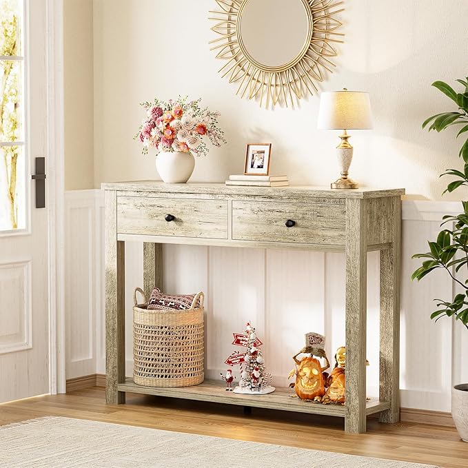 Homieasy Farmhouse Console Table with 2 Drawers, 32 Inch Small Sofa Table with Storage Shelf for Living Room, Behind Couch, Entryway Table for Hallway, Living Room, or Foyer, Light Rustic Oak