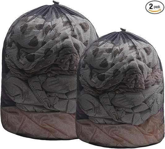 2 Pack Mesh Laundry Bags, Large Laundry Drawstring Bag Heavy Duty Large Mesh Laundry Bag with Drawstring Closure for College, Dorm, Travel, Family and Apartment Dwellers, Black