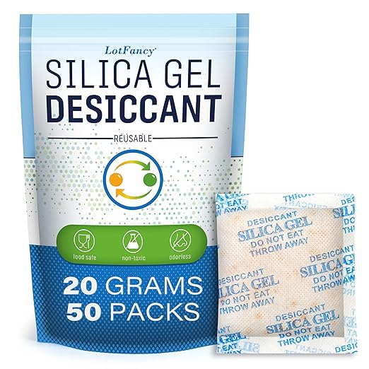 LotFancy Silica Gel Desiccant Packets, 20 Gram 50 Packs, Rechargeable Desiccant Dehumidifier with indicating Beads (Orange to Green), Non-Toxic Moisture Absorber Bag for Documents Shoes Gun Storage