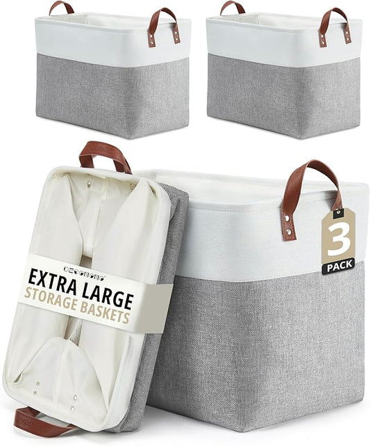 DECOMOMO Extra Large Storage Baskets, Fabric Storage Bins with Handles for Organizing Shelves, Toys, Nursery, Laundry (Grey & White, 3pcs)