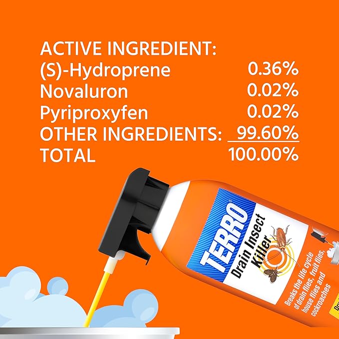 TERRO Drain Insect Killer - T590 Drain Fly Killer Spray - Foam Treatment for Fruit Flies, House Flies, and Cockroaches (Pack of 2)