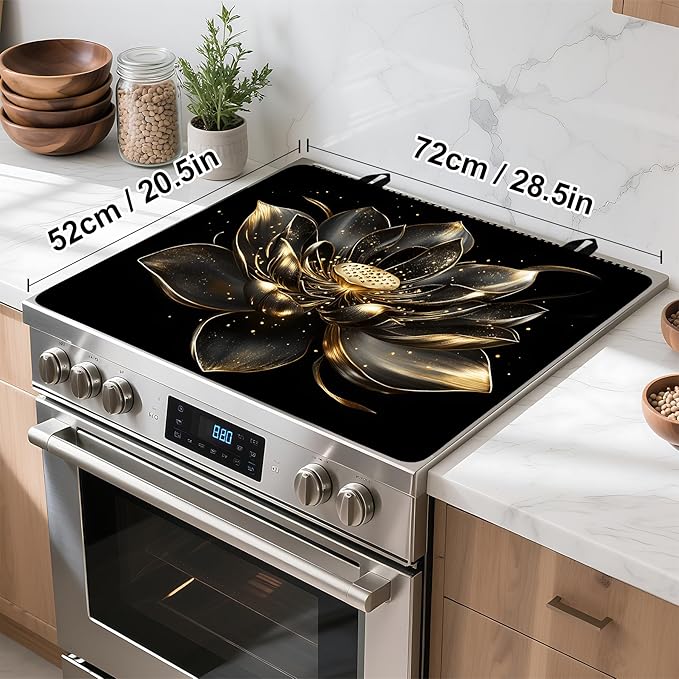 Stove Top Cover Flower Gas Stove Top Cover for Home Decoration Kitchen Pad Non-Stick Washable Cooktop Covers Countertop Protector Keep Stove Clean (Lotus, 28L"x20W")
