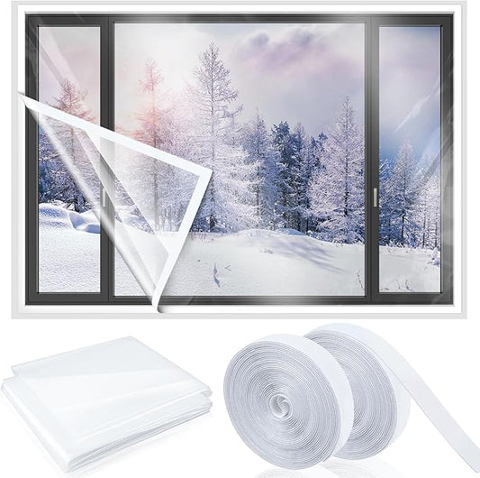 63 x 87 Inch Window Insulation Kit Cuttable Transparent Film with Adhesive Straps Reusable Window Plastic for Winterizing Thicken Thermal Waterproof Attic Insulation Cover Warm Winter