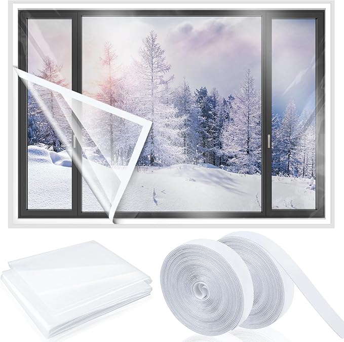 47 Inch x 10 ft Window Insulation Kit Cuttable Transparent Film with Adhesive Straps Reusable Window Plastic for Winterizing Thicken Thermal Waterproof Attic Insulation Cover Warm Winter