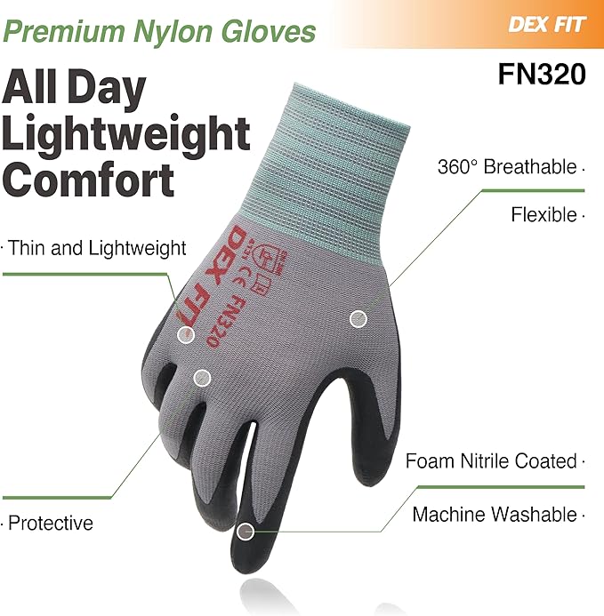 DEX FIT Premium Nylon Nitrile Work Gloves FN320, 3 Pairs, 3D-Comfort Stretchy Fit, Firm Grip, Thin & Lightweight, Durable, Breathable & Cool, Machine Washable; Grey 9 (L)