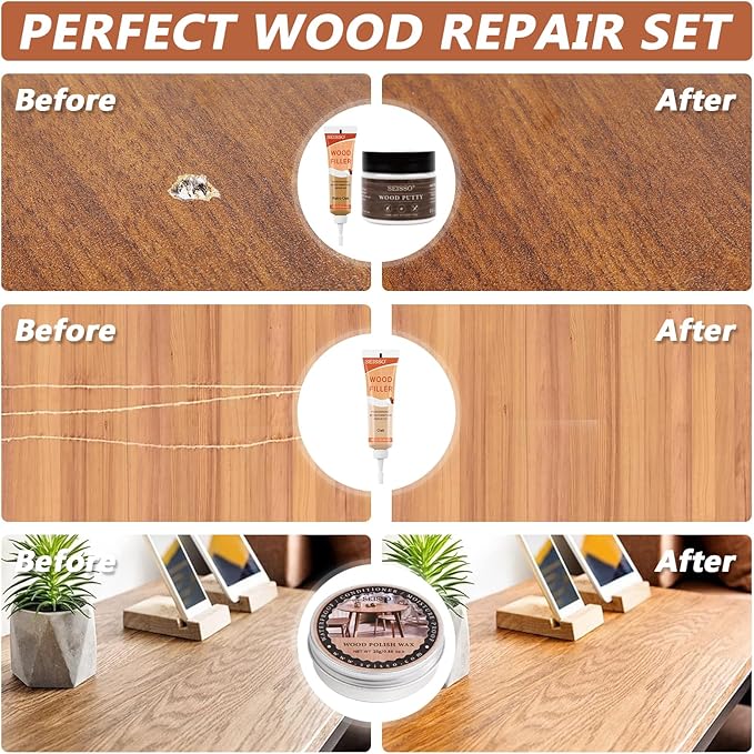 Natural Oak Wood Furniture Repair Kit, 6 Colors Wood Filler with Wood Putty, Wood Polish Wax for Holes, Scratches, Cracks, Stains, Restore Tables, Doors, Floors, Cabinet, Oak, Walnut - Set of 14