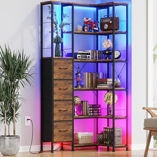 Corner Bookshelf with LED Light Strips & 4 Fabric Drawers, 6-Tier Convertible Corner Shelf with Display Shelf, Large Wood Industrial Bookcase for Living Room, Bedroom, Home Office, Rustic Brown