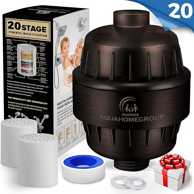 AquaHomeGroup 20 Stage Shower Head Filter with Vitamin C E A - High Output Filters to Remove Chlorine and Fluoride - 2 Cartridges Included - Consistent Flow Showerhead Filter