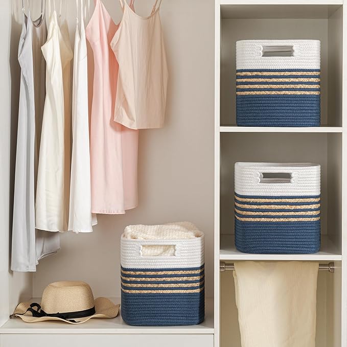 UBBCARE Set of 4 Storage Cubes 13 X 13 X 13 in, Water Hyacinth Storage Bins for Shelves, Toys, Book, Storage Baskets with Handles, Cotton Rope Woven Baskets for Organizing, Navy Blue