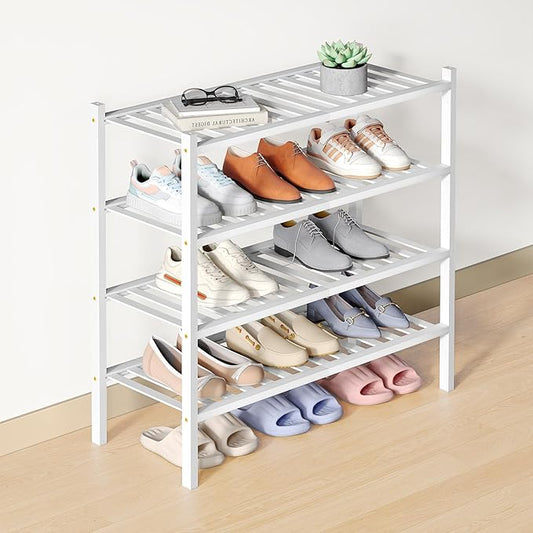 Smiry Bamboo Shoe Rack for Closet, 4 Tier Wooden Stackable Shoe Organizer, Free Standing Shoes Storage Shelf for Entryway, Front Door Entrance, White
