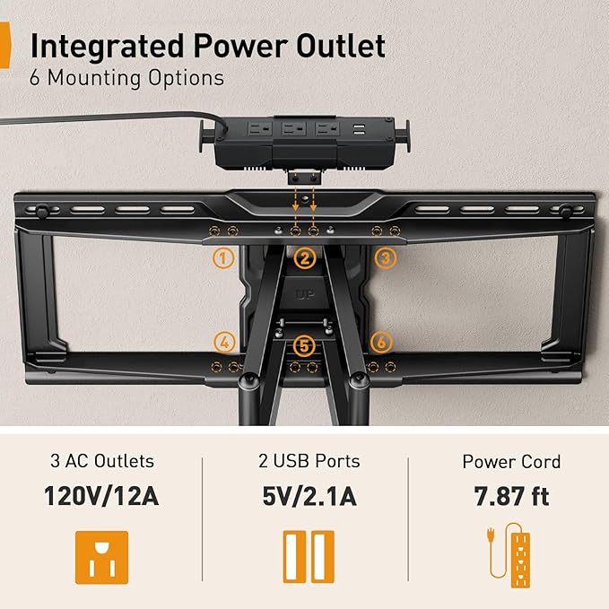 Perlegear Full Motion TV Wall Mount with Power Strip for 42–90 Inch TVs up to 150 lbs, Pre-Assembled TV Mount Has Smooth Swivel, Tilt, Extension, Max VESA 600x400mm, 12“/16”/24” Wood Studs, PGLF11