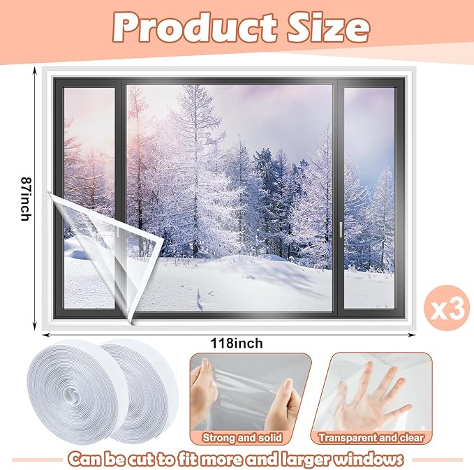 3 Sets 87 x 118 Inch Window Insulation Kit Cuttable Transparent Film with Adhesive Straps Reusable Window Plastic for Patio Winterizing Thicken Warm Winter Waterproof Attic Insulation Cover