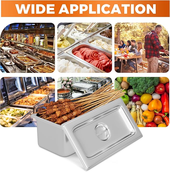 4 Pack Hotel Pans with Lids 1/3 Size 6" Deep, Stainless Steel Steam Table Pan with Lid, Commercial Metal Buffet Food Storage Container, Anti-Jam Design, for Restaurant, Kitchen, Party, Home