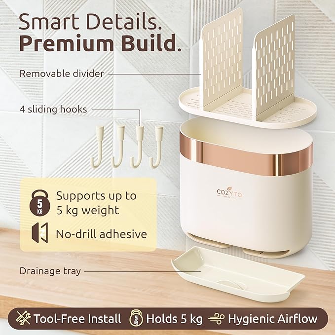 COZYTO LuxTray U1-Pro Wall Mounted Utensil Holder – Kitchen Organizer with Hooks, Dividers & Drain Tray, No-Drill Adhesive Wall Mount Storage, BPA-Free (Cream White & Rose Gold)