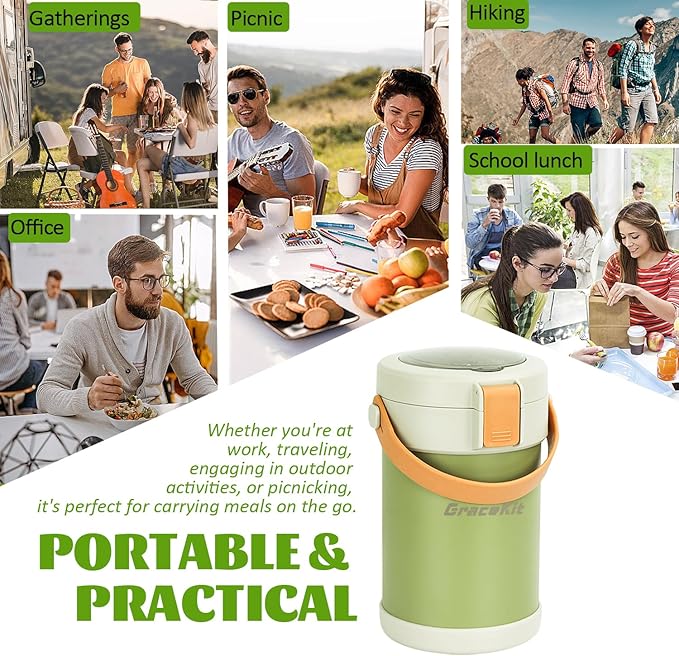 67oz Adults Thermo for Hot Food Kit 2L 9.06in 3 Layer Stainless Steel Vacuum Soup Food Thermo Hot Food Jar Bento Box for Men, Women, Suitable insulated Lunch Box for 12+ Camping, Office & Travel Use