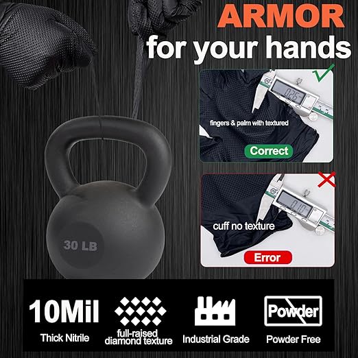 10mil Heavy Duty Nitrile Gloves XL Black Disposable Rubber Gloves with Diamond Grip Anti Chemical Puncture Resistant Mechanics Guantes for Men/Auto repair/Cooking/Food Grade-Latex Free-100PCS