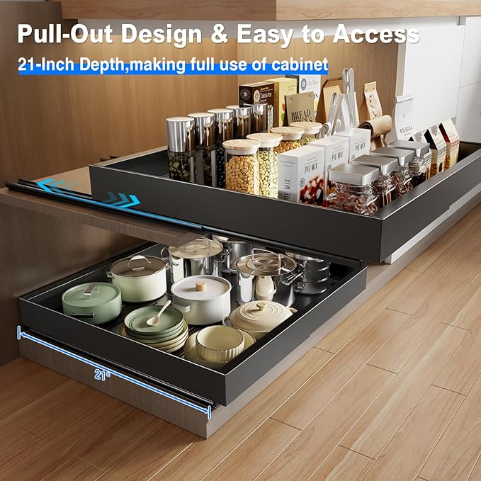 2 Pack Pull Out Cabinet Organizer Expandable, 21"Deep Slide Out Drawer for Cabinets Adhesive Pull Out Drawers Heavy Duty Pull Out Shelves for Kitchen, Cupboard, Pantry, Bathroom(Black)