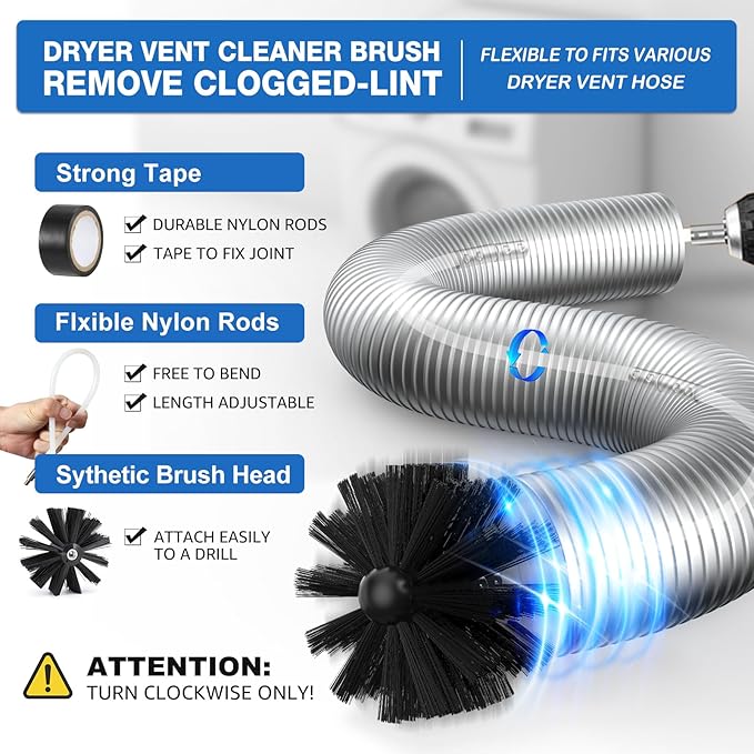 22-Piece 50-Feet Dryer Vent Cleaner Kit, Dryer Vent Cleaning Kit Lint Remover with Dryer Vent Brush, Vacuum Hose Attachment Cleaning Tools, Flexible Lint Trap Brush, Vacuum & Dryer Adapters