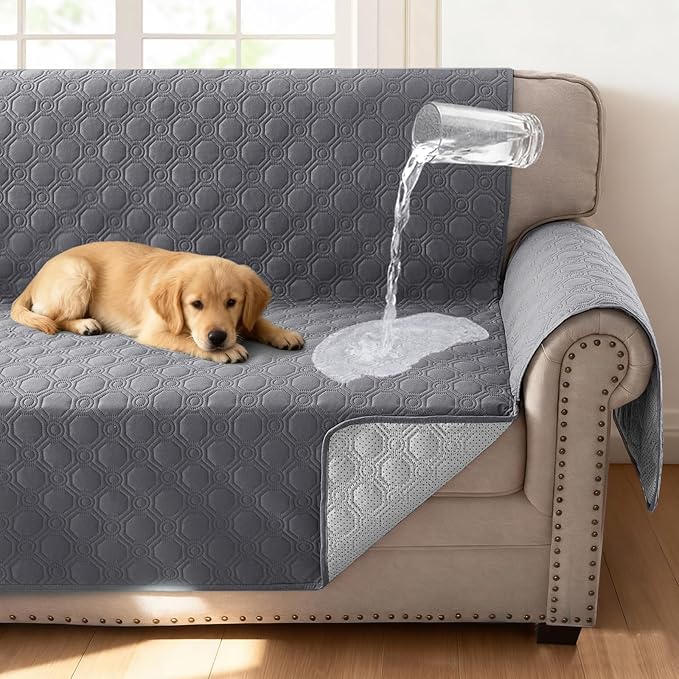 H.VERSAILTEX 100% Waterproof Chair Covers Armchair Triple Non-Slip Chair Covers for Living Room with Storage Pocket Washable Couch Protector for Dogs(Chair, Grey)
