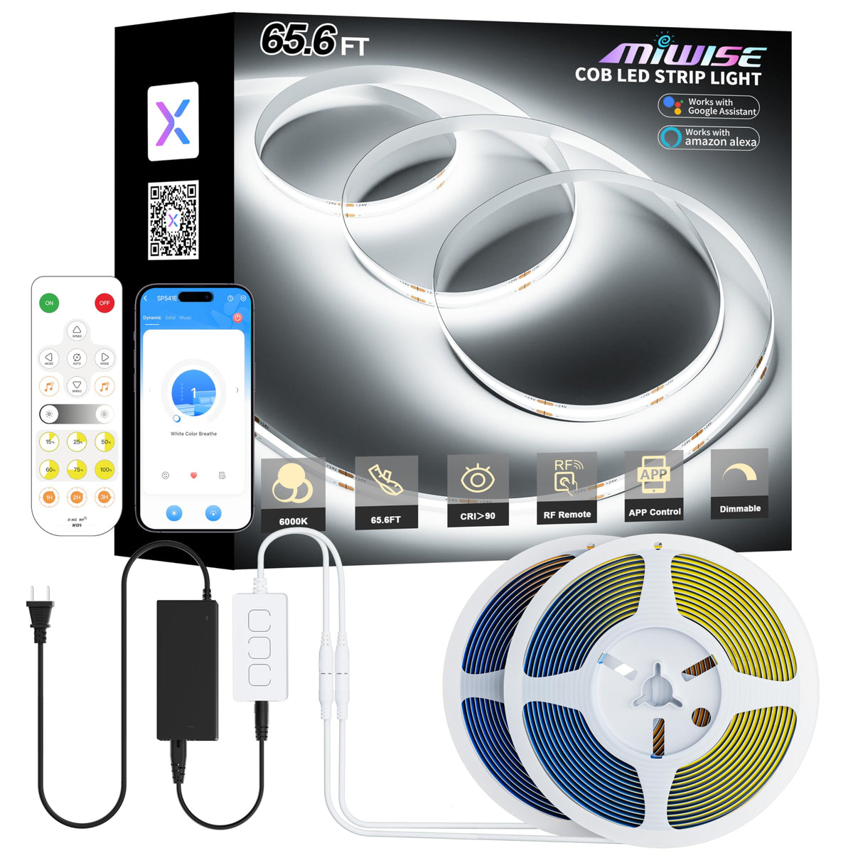 MIWISE COB LED Strip Lights 65.6ft/20m,UL-Listed CRI 90+ Dimmable - Image 1