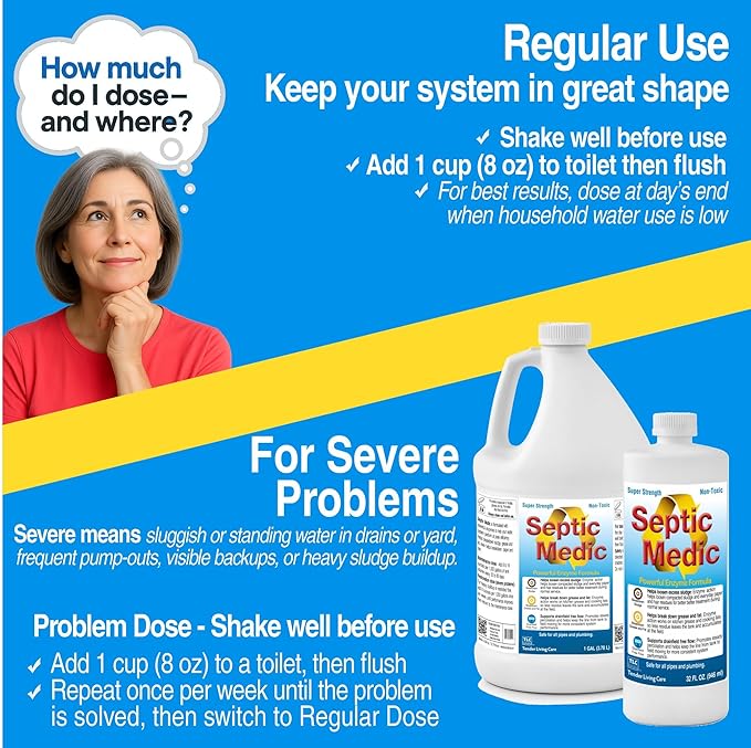 Septic Medic Septic Tank Treatment, Enzyme System Cleaner, Breakdown Sludge, Breakdown Grease and Fat, Supports Drainfield and Leach Field Free Flow, Backed by Science, 32 oz (1 Quart)