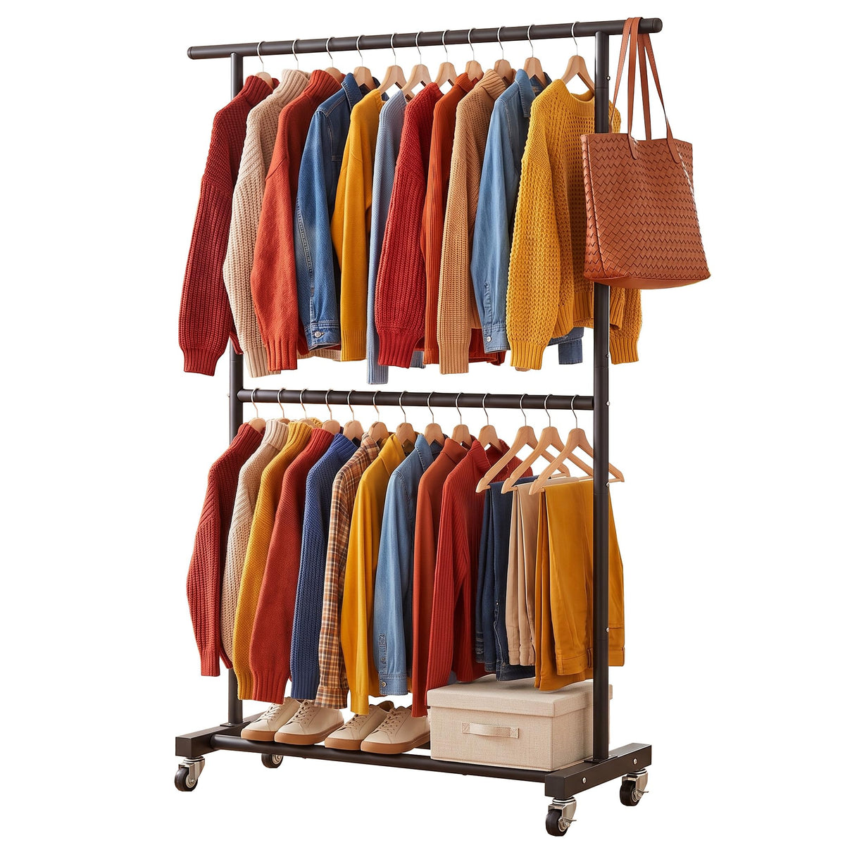 Sywhitta Double Rod Metal Clothing Garment Rack on Wheels, Black - Image 1