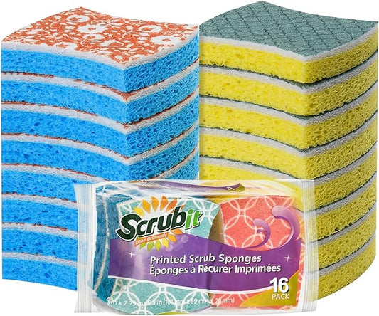 SCRUBIT Non-Scratch Cellulose Scrub Sponge - Soft and Easy Grip - Kitchen Sponges for Cleaning - 16-Pack Dual Sided Scrubby Sponges for Pots, Pans, Kitchen, and More