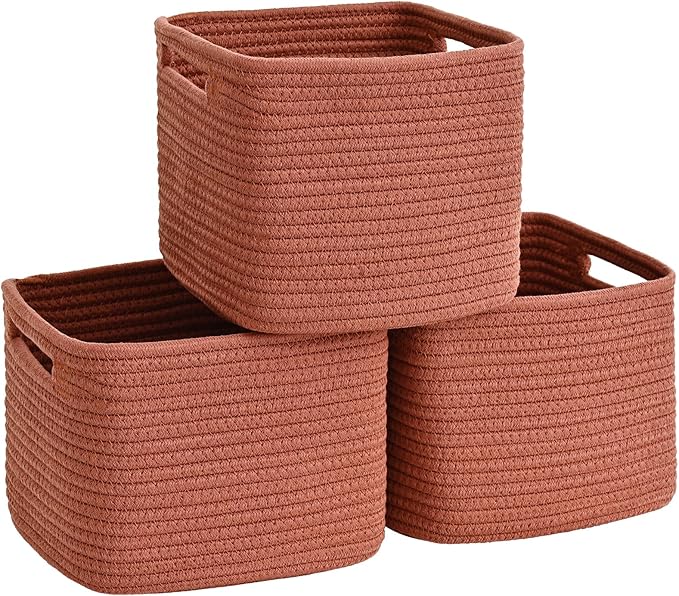 3 Pack Cube Storage Bin, 9”x9”x7” Cotton Rope Woven Baskets for Organizing Toys Clothes Towels, Square Gift Storage Baskets for Shelves, Nursery, Closet, Bathroom, Pantry (Red)