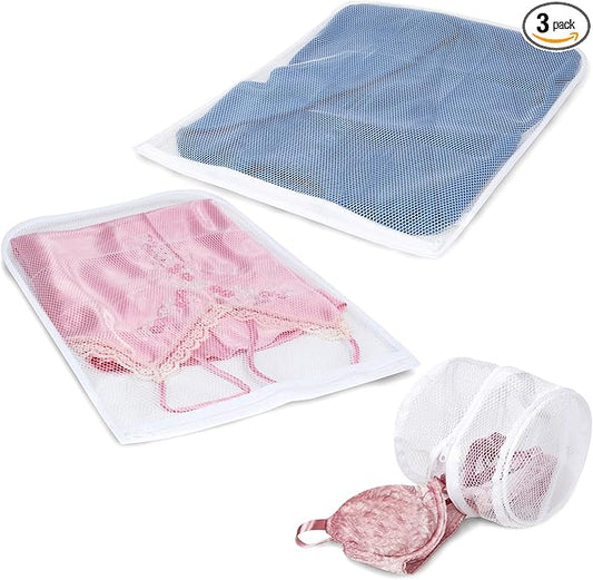 Smart Design Intimate Wash Bag w/ Safety Zipper - Washing Machine Safe - Fine Mesh Nylon Polyester - Bra, Hosiery, Pantyhose, Delicates, Lingerie, Sweater, & Baby Clothes (Set of 3) [White]