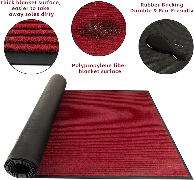TANYOYO 3' X 10' Commercial Grade Door Floor Mat Brush Step Entrance Mat Vinyl Backed Utility Doormat Heavy Duty Floor Rugs Commercial Outdoor Carpet Indoor Outdoor Entrance Mat， red