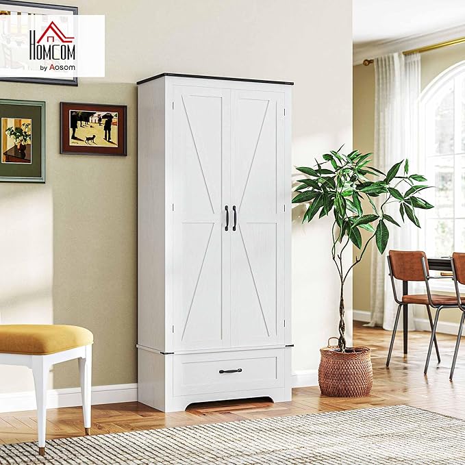 HOMCOM 72" Tall Farmhouse Kitchen Pantry Cabinet - Kitchen Storage Cabinet with Adjustable Shelves & 2 Barn Doors & Drawer, Versatile Storage Unit for Dining Room, Distressed White