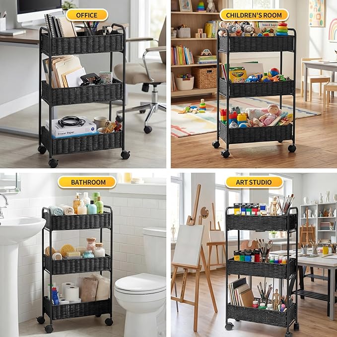 FOCHIER F Utility Slim Storage Cart,3-Tier Rolling Kitchen Office Laundry Room Cart,Mobile Shelving Unit Organizer for Living Room Bathroom Baby Diaper Narrow Places (Black, 3 Tiers-7.1 inch (W))
