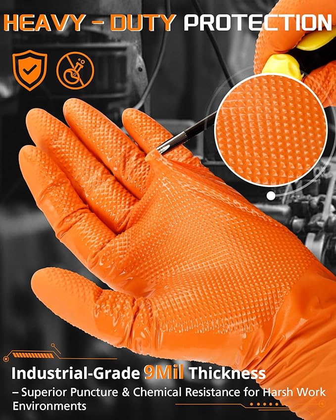 wcy 9 Mil Heavy Duty Orange Nitrile Gloves,Raised Diamond Texture Grip,Industrial Mechanic Rubber Gloves Disposable Latex Free Chemical Resistant Guantes for Work,Cooking,Food Safe - Medium,80Count
