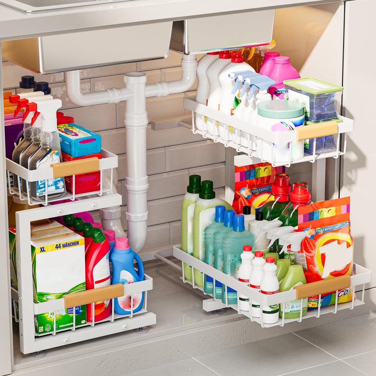 ADBIU 2-Tier Pull-Out Under Sink Organizer, 2-Pack, Large, White - Image 1