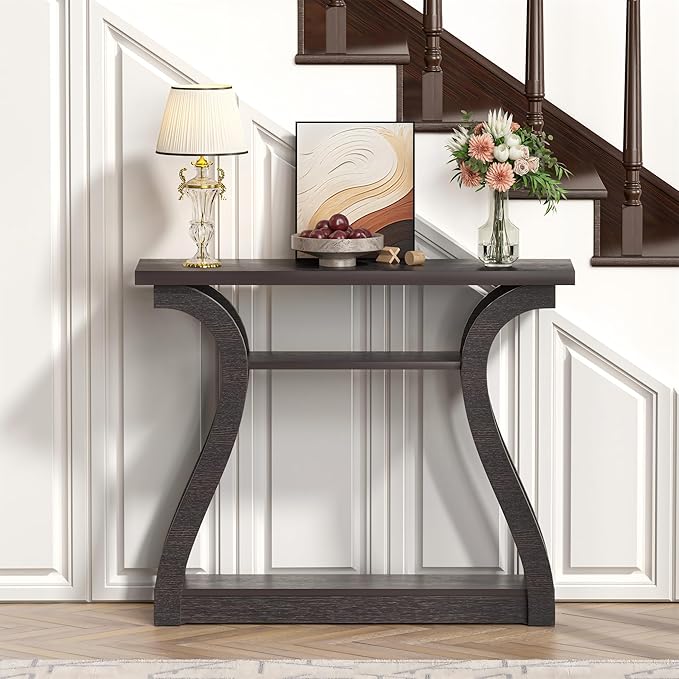 Wooden Console Table with Curved Legs and Shelf, 3-Tier Modern Accent Sofa Table for Entrance Area, Living Room, Hallway 47 in Wide (Brown)