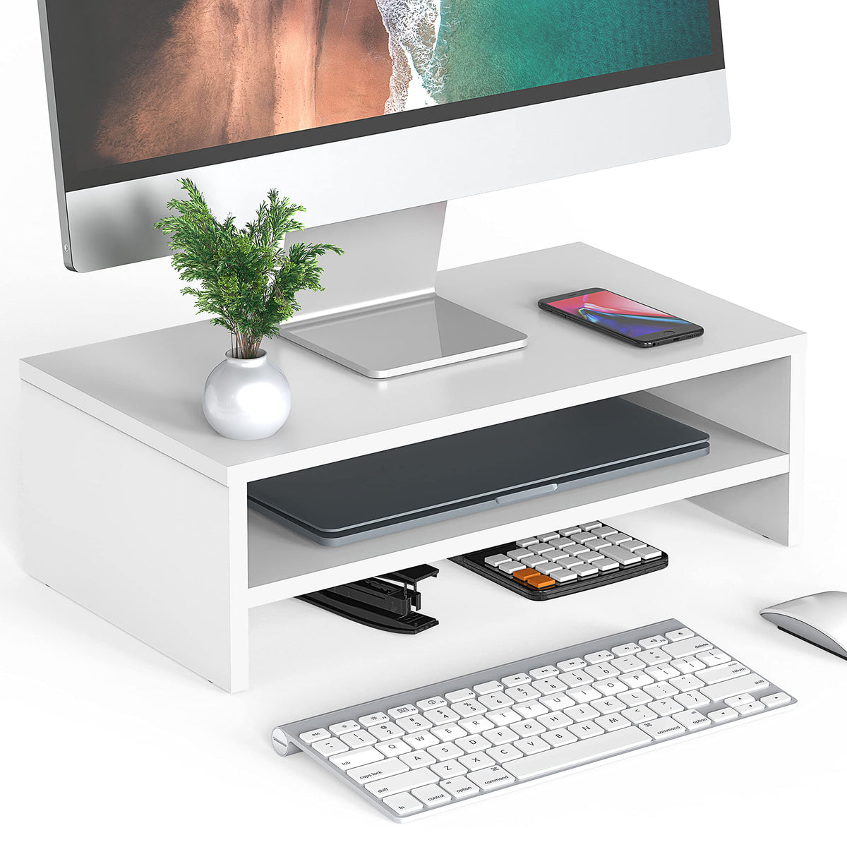 FITUEYES Wooden Monitor Stand Riser, 2-Tier Desk Storage Shelf - Image 1