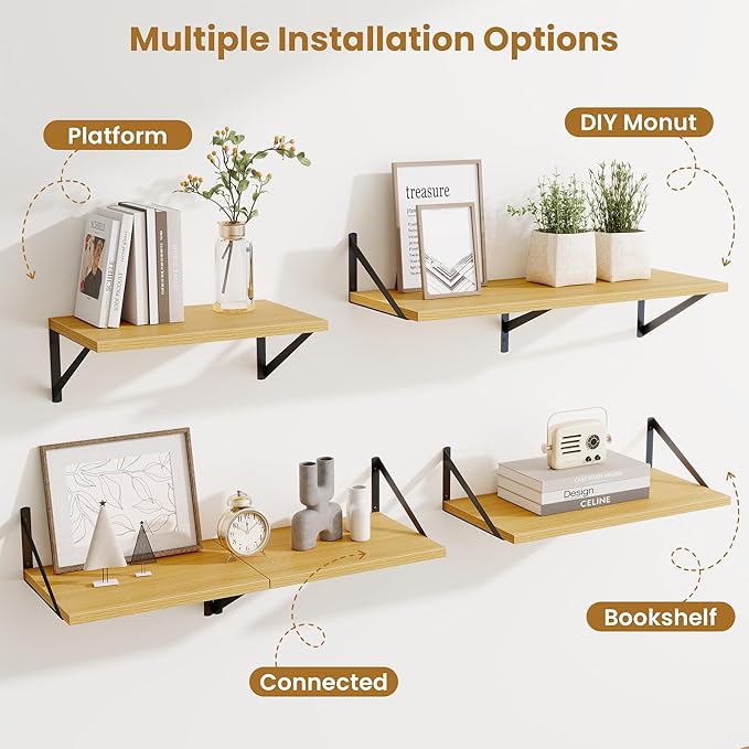 Deep Floating Shelves for Wall,30" Wx10 D Wood Floating Shelf Set of 2,Sturdy Metal Bracket Wide Display & Storage,Wall Mounted Hanging Floating Shelves for Living Room,Bedroom,Kitchen,Oak