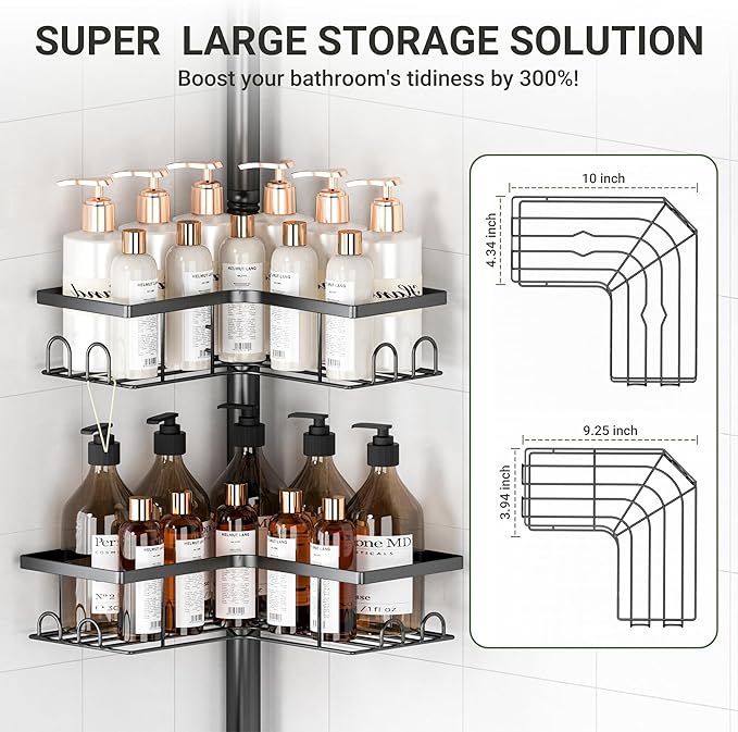 Corner Shower Caddy Tension Pole, 4-Tier Stainless Steel Rustproof Bathroom Shower Organizer，47-114Inch Height Adjustable Shower Shelves, No-Drill Required Black