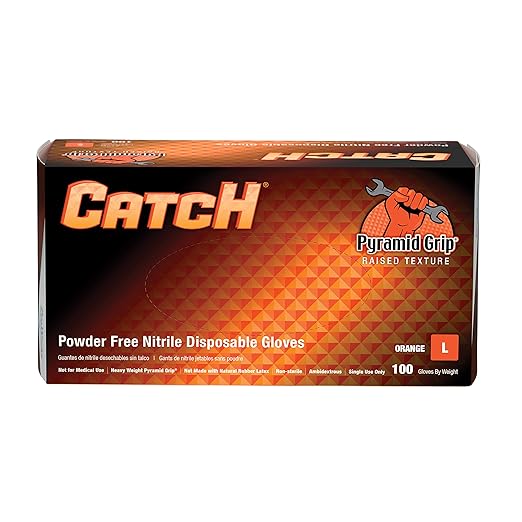 Adenna ProWorks CATCH Disposable Nitrile Gloves – 9 Mil, Heavy Duty Work Rubber Glove with Raised Pyramid Grip, Non–Latex & Powder Free, Pack of 100, Large, Orange