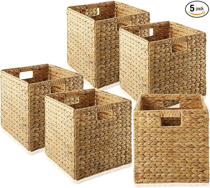 10.5x10.5in Storage Baskets Set of 5 Water Hyacinth Baskets,Foldable Handwoven Storage Cubes,Wicker Cube Baskets Laundry Organizer Totes for Bathroom, Bedroom, Laundry, Pantry, Shelves